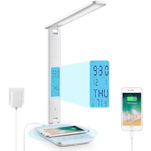 13 in. White Leather Integrated LED Table Lamp with Wireless Charging/USB Ports/Time Display
