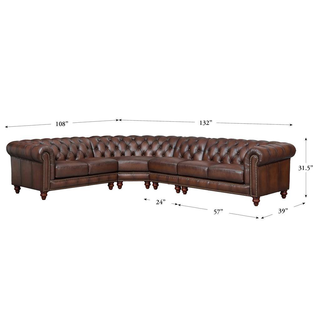 Caramel Brown Leather Tufted Chesterfield Sectional Sofa with Rolled Arms