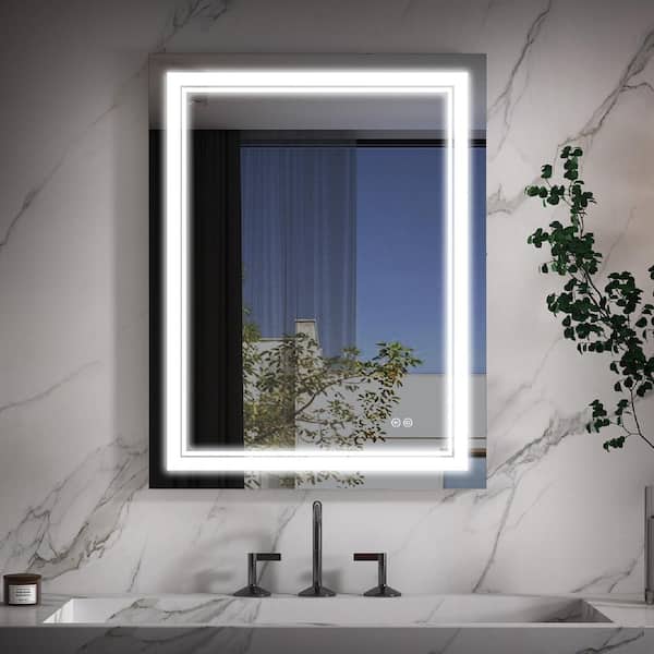 WELLFOR RUNA 24 in. W x 36 in. H Rectangular Frameless Anti-Fog Wall Bathroom Vanity Mirror in Aluminum with Light Makeup Mirror
