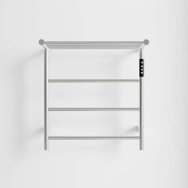 3 Bar Wall Mounted Plug-in/Hardwired Towel Warmer Heated Rack in Brushed Nickel with Touch Screen Timer and Top Shelf