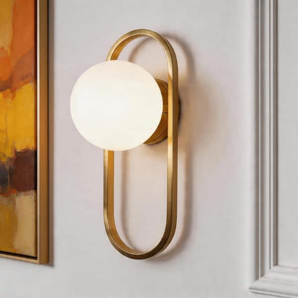 5.5 in. 1-Light Gold Brass Wall Sconces Set of 2, Milky White Globe Glass Wall Light Fixtures for Bedroom Bathroom