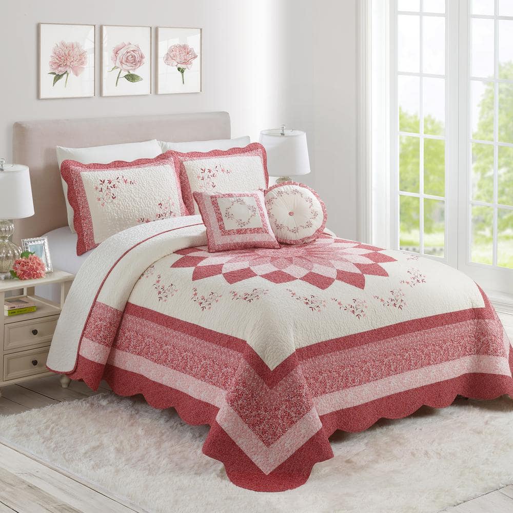 Red and Ivory Cotton Floral Queen Bedspread Set