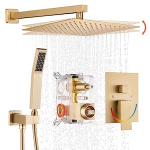 Rain Single Handle 2-Spray with Valve 1.8 GPM 12 in. Shower Faucet Pressure Balance Dual Shower Heads in Gold