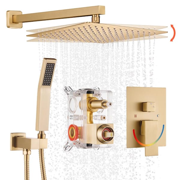 Heemli 12 in. Rain Single Handle 1-Spray Shower Faucet Kit Handheld Combo w/ Valve 1.8 GPM Adjustable Dual Shower Heads in Gold