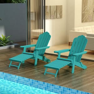 Aruba Blue Reclining Composite Plastic Weather-Resistant Folding Adirondack Chair with Pullout Ottoman and Cup Holder