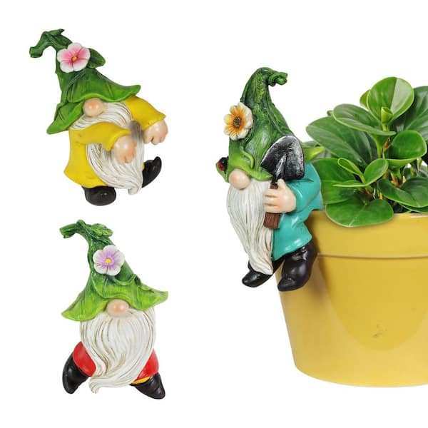 Exhart Hand Painted Leaf Hat Pot Perchers, 3.5 in. x 4.5 Gnome Garden Statue (3-Pack)