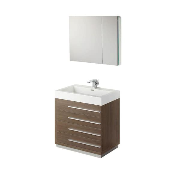 Fresca Livello 30 in. Vanity in Gray Oak with Acrylic Vanity Top in White with White Basin and Mirrored Medicine Cabinet