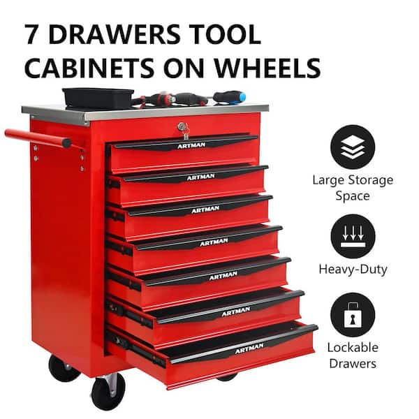 13.6 in. W 7-Drawer Rolling Metal Black and Red Tool Carts with Stainless Steel Roof and Steel Tool Storage Box