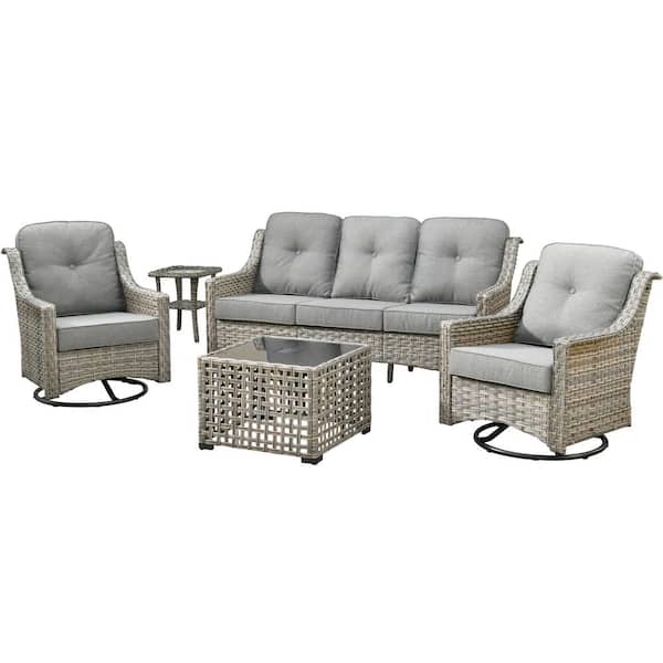Verona Grey 5-Piece Wicker Modern Outdoor Patio Conversation Sofa Seating Set with Swivel Chairs and Dark Grey Cushions