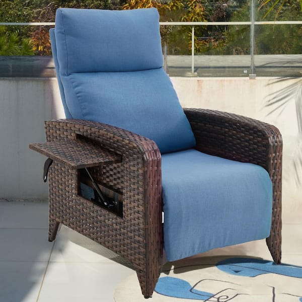 ZZW Reclining Brown Wicker Outdoor Chaise Lounge with Blue