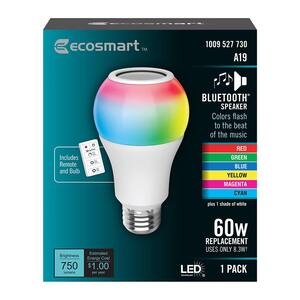 60-Watt Equivalent A19 CEC Bluetooth Speaker Colored Plus Bright White LED Light Bulb with Remote Control (1-Pack)