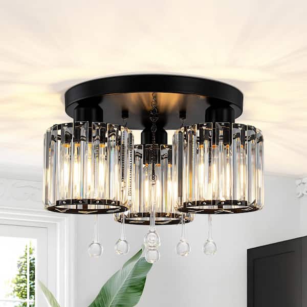 3-Light Matte Black Modern Round Chandelier with Clear Crystal for Dining Room, Kitchen and Entryway