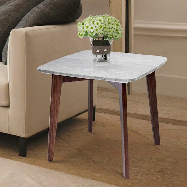 AndMakers Gavia 19.5 in. Square Italian Carrara White Marble Side Table with Walnut Legs