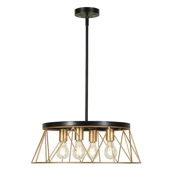 Modern Farmhouse 4-light Black Round Chandelier with Dark Gold Cage Shade, Hanging Lamp for Dining Room, Kitchen
