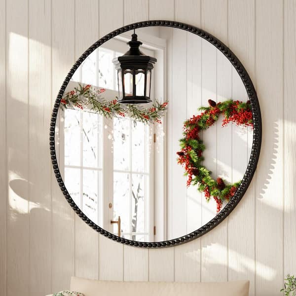 XRAMFY Antique Black 36 in. W x 36 in. H Round With Decoration Vanity Wall Mirror Polyurethane Framed Mirror