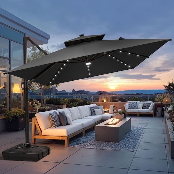 2-Tier Top 13.5 ft. x 10 ft. Solar LED Lighted Cantilever 360° Rotation Patio Umbrella in Black with 350 lbs. Base