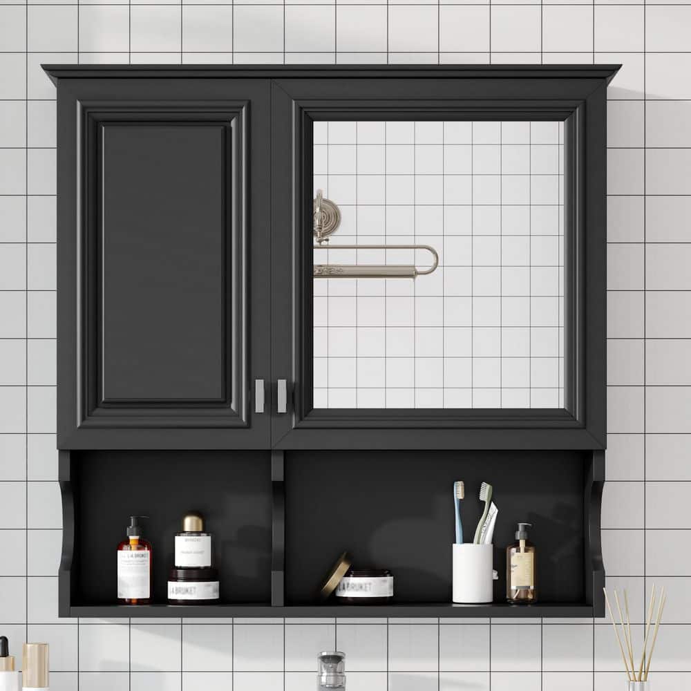 30 in. W x 28 in. H Black Rectangular Solid Wood Frame Medicine Cabinet with Mirror, Adjustable Shelf price history on PriceWatchPro