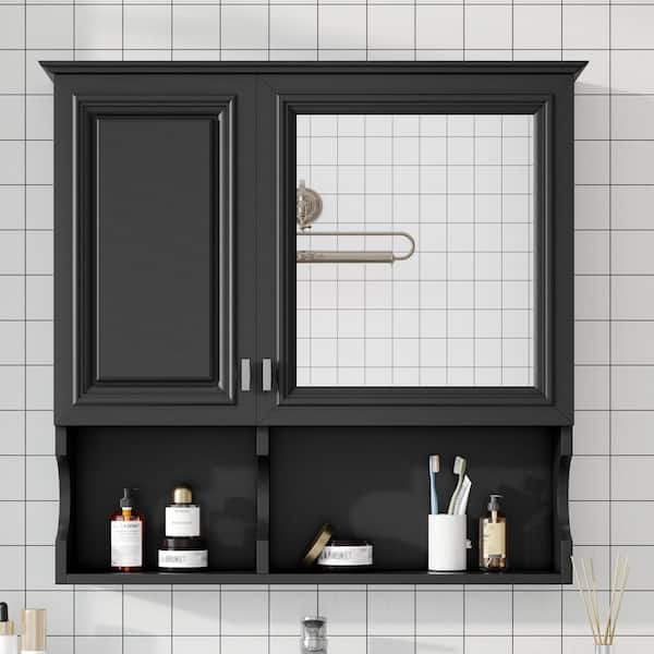 30 in. W x 28 in. H Black Rectangular Solid Wood Frame Medicine Cabinet with Mirror, Adjustable Shelf