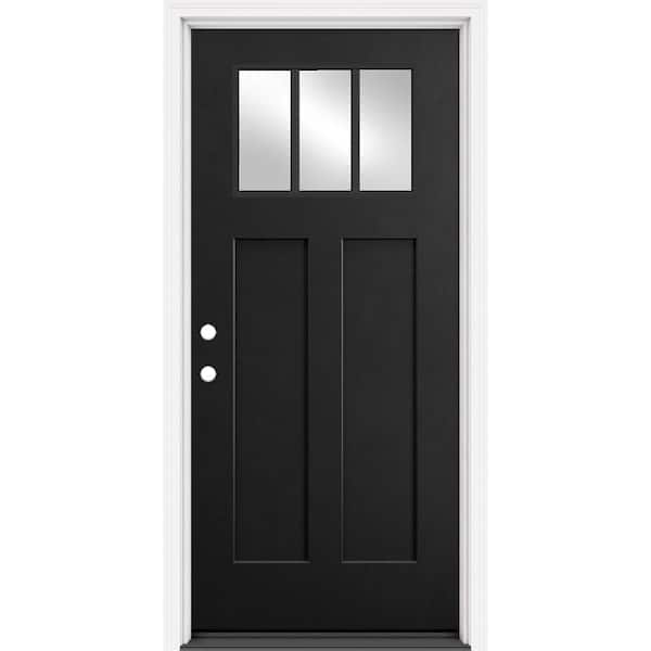 36 in. x 80 in. Craftsman Right-Hand/Inswing 3 Lite Clear Black/White Fiberglass Single Prehung Front Door Brickmold