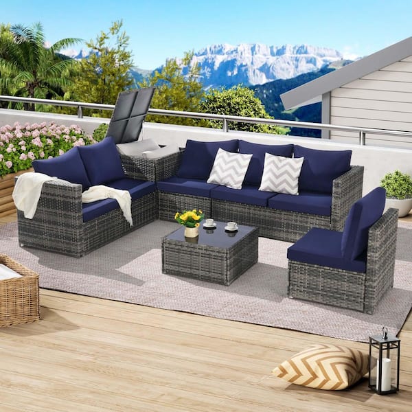 Zeus & Ruta 6-Piece Outdoor Wicker Conversation Sets with Dark Blue Cushions and Glass Coffee Table for Garden