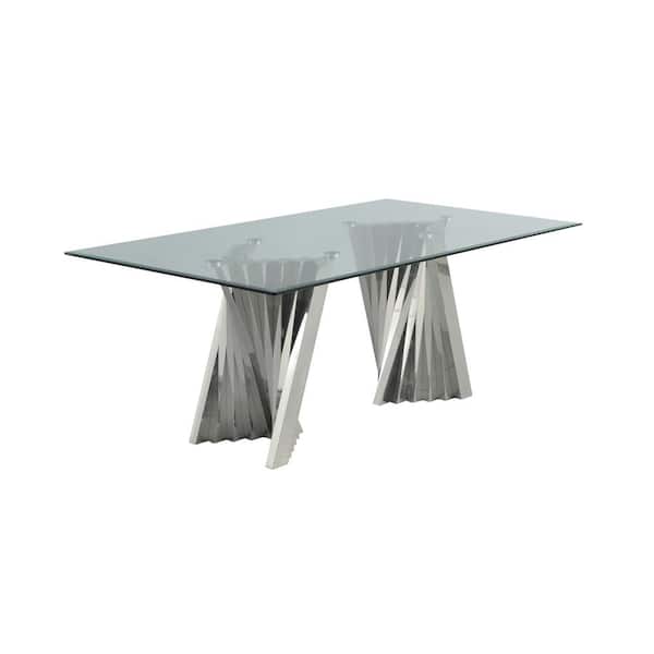 Best Quality Furniture Becky Clear Tempered Glass Top 78 in. Double Pedestal Stainless Steel Base Dining Table 6 Seating.