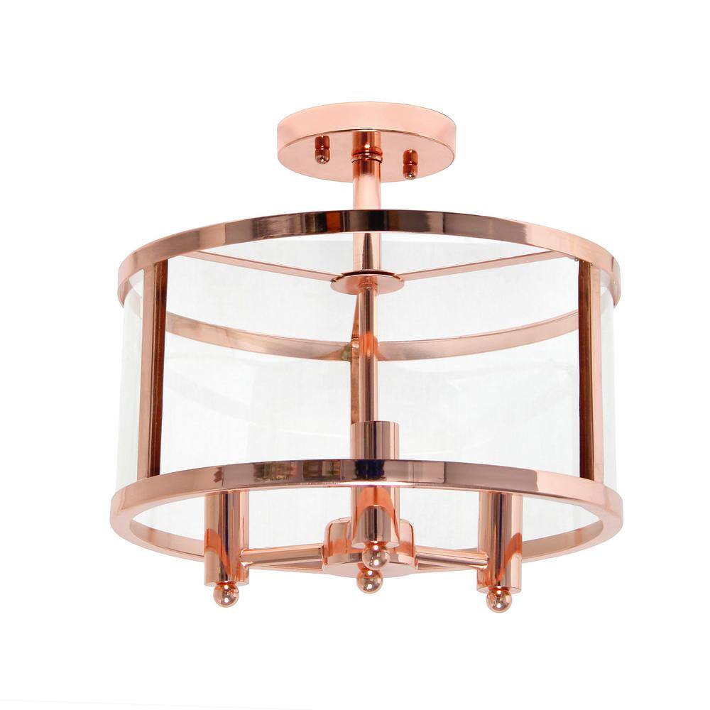 Rose Gold 13" Glass and Metal 3-Light Semi-Flush Mount