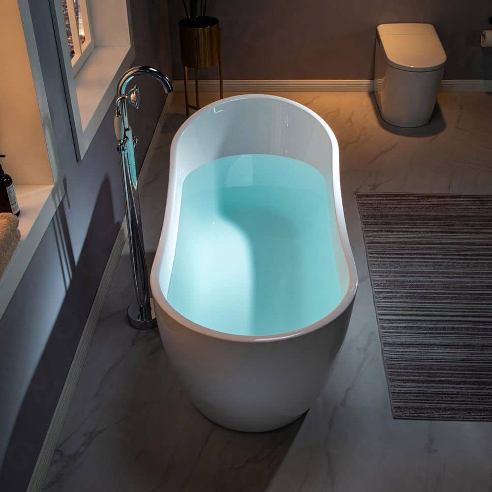 59" White Acrylic Freestanding Single Slipper Bathtub with Brushed Nickel Trim