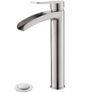 Brushed Nickel, Single Hole Waterfall Bathroom Faucet, Modern Tall Vessel Faucet with Pop Up Drain and Water Supply Line