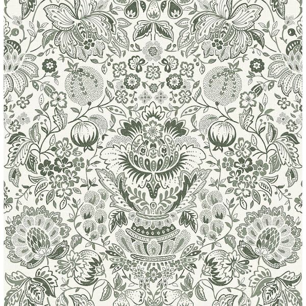 A-Street Prints Blanche Dark Green Floral Damask Wallpaper Sample