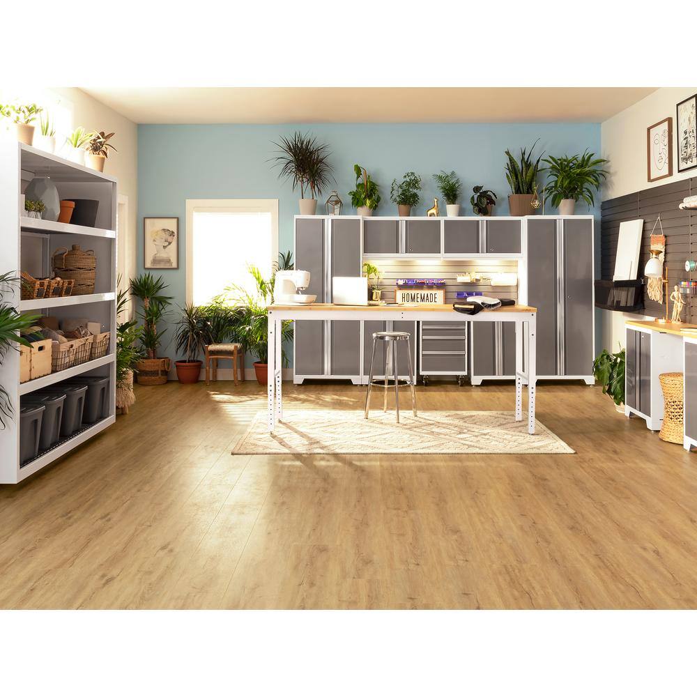 Adjustable Height Gray and White Steel Workbench with Stainless Steel Top