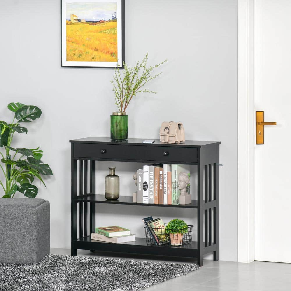 Black Wood Console Table with Drawer and Shelves