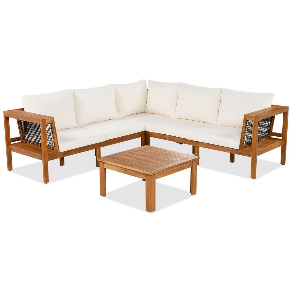 4 Pieces Wood Outdoor Sectional Set with Beige Cushions, Woven Mesh Armrests, L-Shaped Sofa with Coffee Table price history on PriceWatchPro