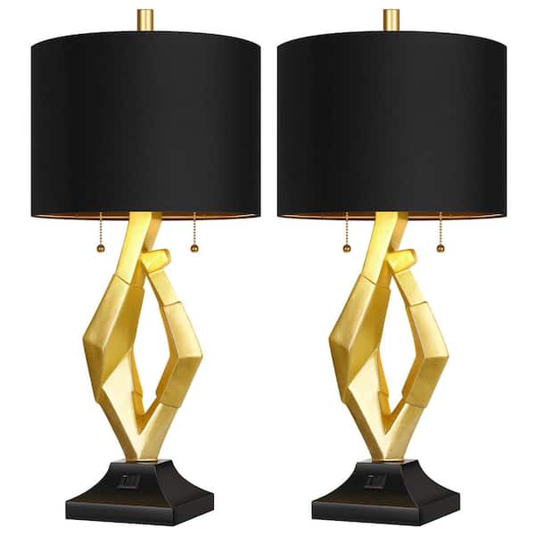 25.5 in. Black and Gold Table Lamp Set of 2 with Dual USB Charging, Pull Chain Control(Bulbs Included)