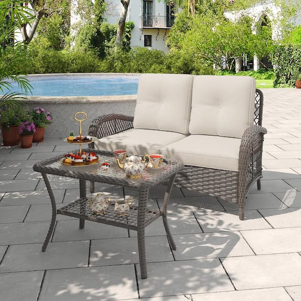INMITOM 2-Piece Wicker Patio Conversation Set with Beige Cushions - Ergonomic Design for Ultimate Comfort