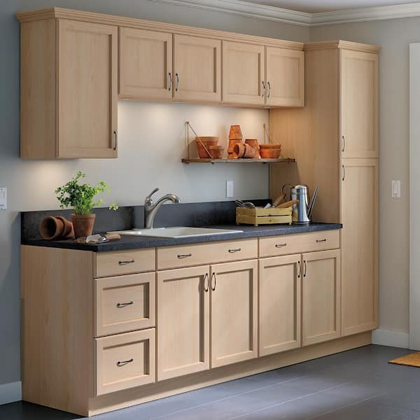 Hampton Bay Easthaven Shaker Assembled 36x34 5x24 In Frameless Sink Base Cabinet With False Drawer Front In Unfinished Beech Eh3635s Gb The Home Depot