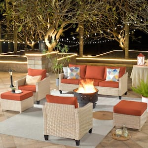 Camelia A Beige 6-Piece Wicker Patio Wood Burning Fire Pit Seating Set with Orange Red Cushions