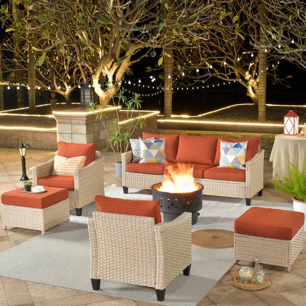 weaxty W Camelia A Beige 6-Piece Wicker Patio Wood Burning Fire Pit Seating Set with Orange Red Cushions