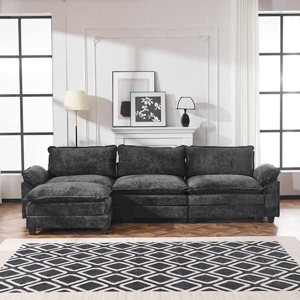 KD 120 in. Pillow Top Arm Chenille L-shaped Sofa in Black with Ottoman