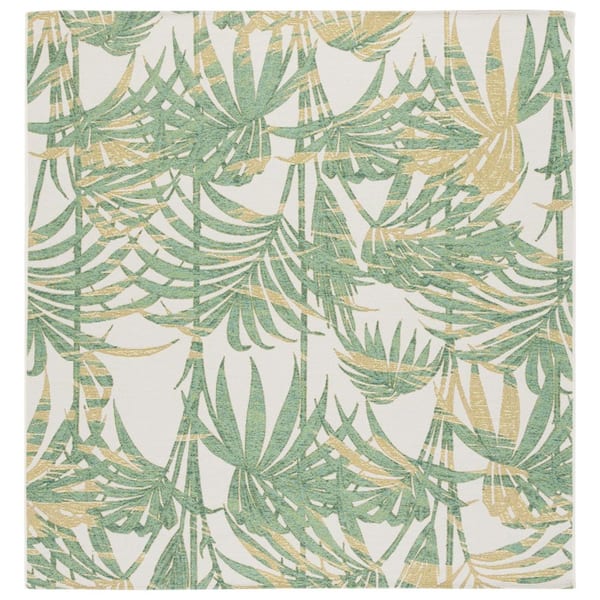 Barbados Ivory/Green 7 ft. x 7 ft. Botanical Palm Leaf Square Indoor/Outdoor Area Rug