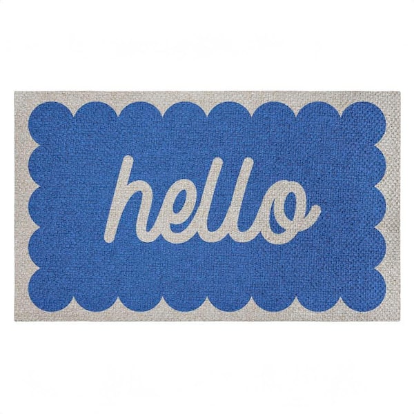 Hello Blue Greeting Blue 18 in. x 30 in. Polyester Non-Slip Outdoor Door Mat
