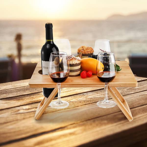 5 oz. Modern Beige Bamboo Portable Foldable Outdoor Wine Picnic Table with Glass Holder for Picnic, Camping (Set of 1)