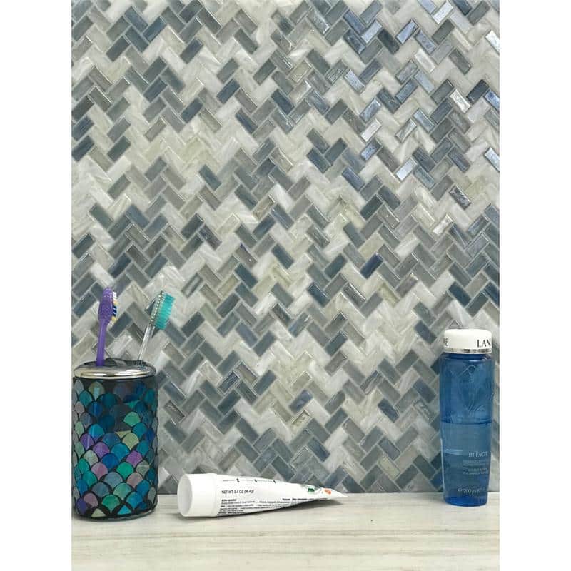 Blue Herringbone Glossy Glass Mosaic Tile for Walls and Floors