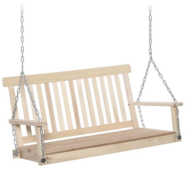 2-Seater Natural Wood Outdoor Porch Swing with Slatted Build and Chains