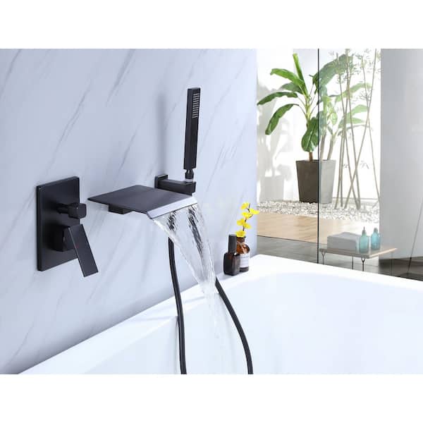 8 in. Single-Handle Freestanding Tub Faucet Solid Brass Waterfall Wall Mounted Tub Spout with Handshower in Matte Black