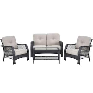 4PCS Wicker Patio Conversation Set Outdoor Rattan Furniture Set w/Tempered Glass Coffee Table and Beige Cushions