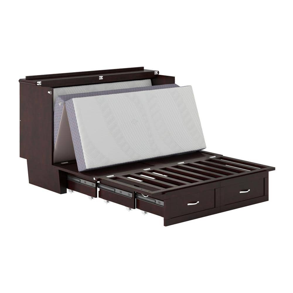 Espresso Queen Murphy Bed Chest with Memory Foam Mattress and USB Charging