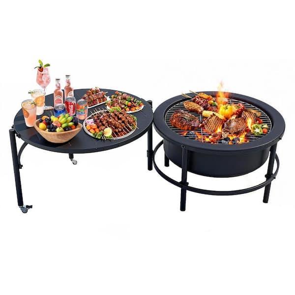 Extra Size Wood-Burning Fire Pit for Outdoor Use with lron Hook, Black Cold Rolled Steel Fire Pit with Wheels