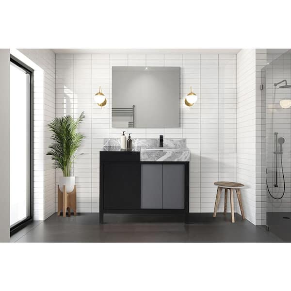 Zilara 42 in x 22 in D Black and Grey Bath Vanity, Castle Grey Marble Top, Gun Metal Faucet Set and 34 in Mirror