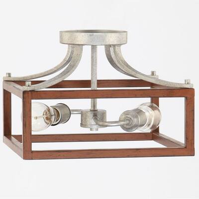 Boswell Quarter 12.5 in. 2-Light Galvanized Semi-Flush Mount with Painted Chestnut Wood Accents
