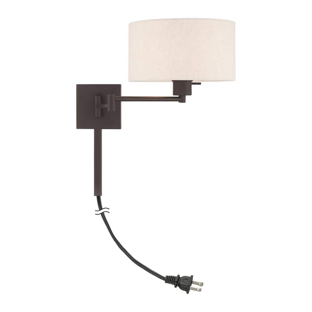 Bronze Swing Arm Wall Lamp with Oatmeal Shade